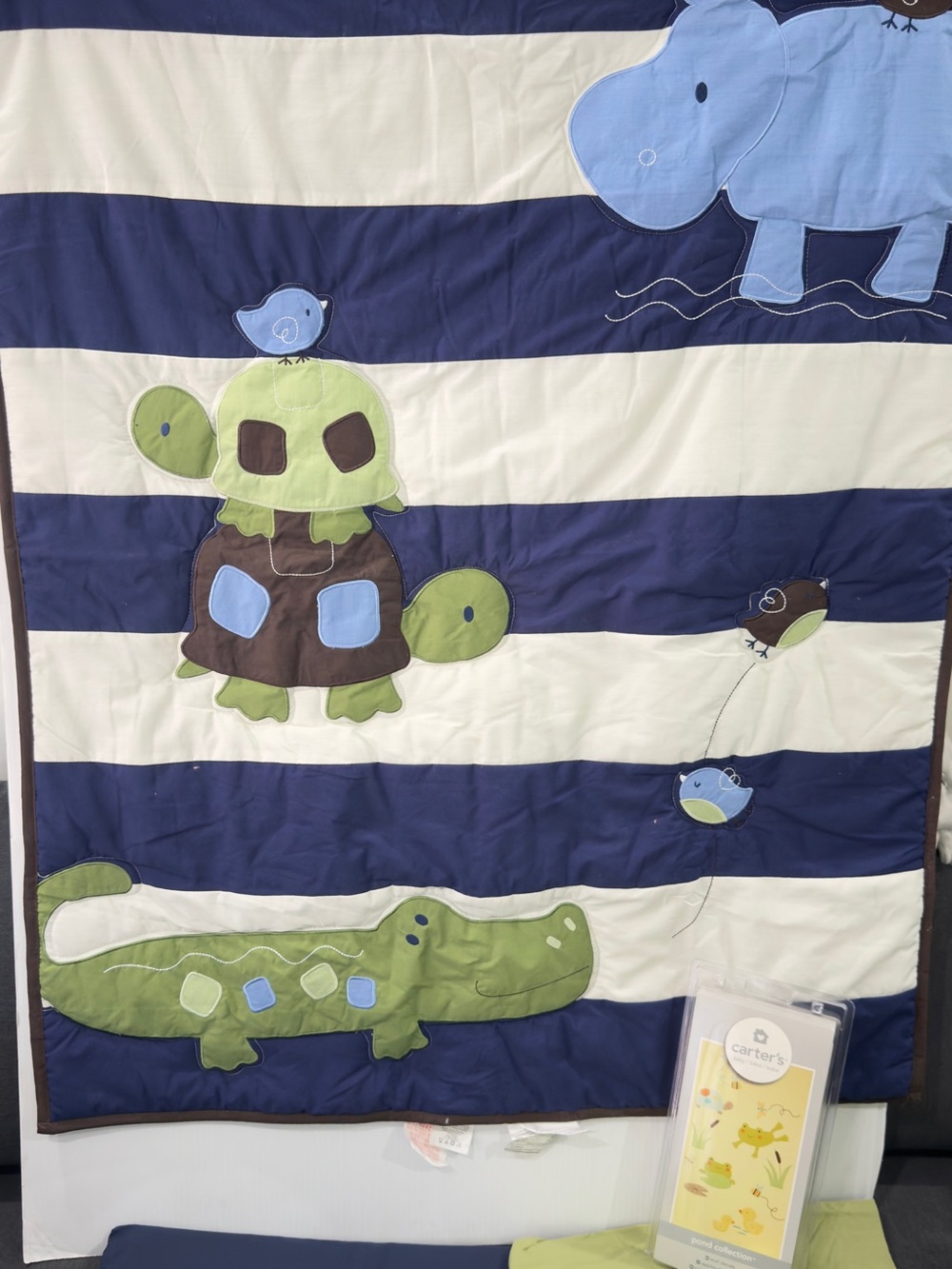 Navy and White Striped Kids Quilt with Green Animal Appliqués